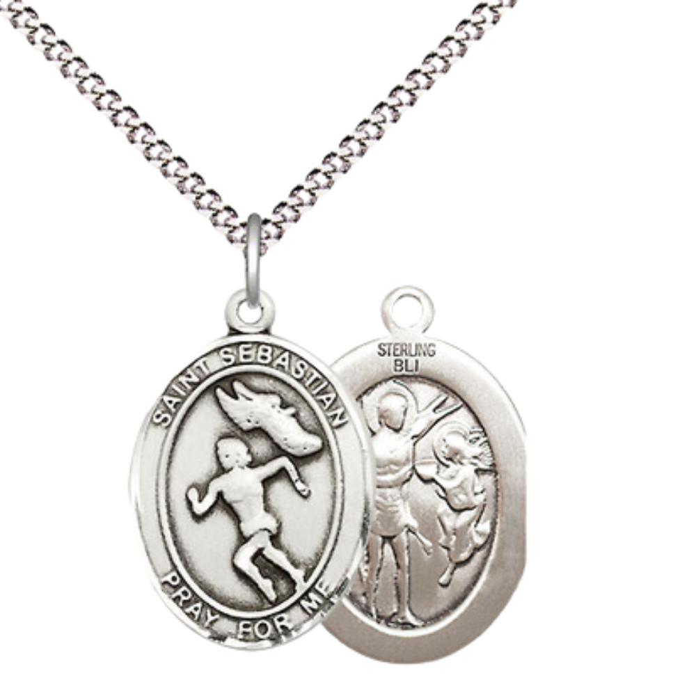 Medium Women's Sterling Silver Saint Sebastian Track and Field Pendant Necklace on 18-Inch Rhodium-Plated Lite Curb Brass Chain with Velvet Gift Box | Patron Saint of Athletes & Soldiers