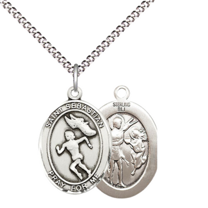 Medium Women's Sterling Silver Saint Sebastian Track and Field Pendant Necklace on 18-Inch Rhodium-Plated Lite Curb Brass Chain with Velvet Gift Box | Patron Saint of Athletes & Soldiers