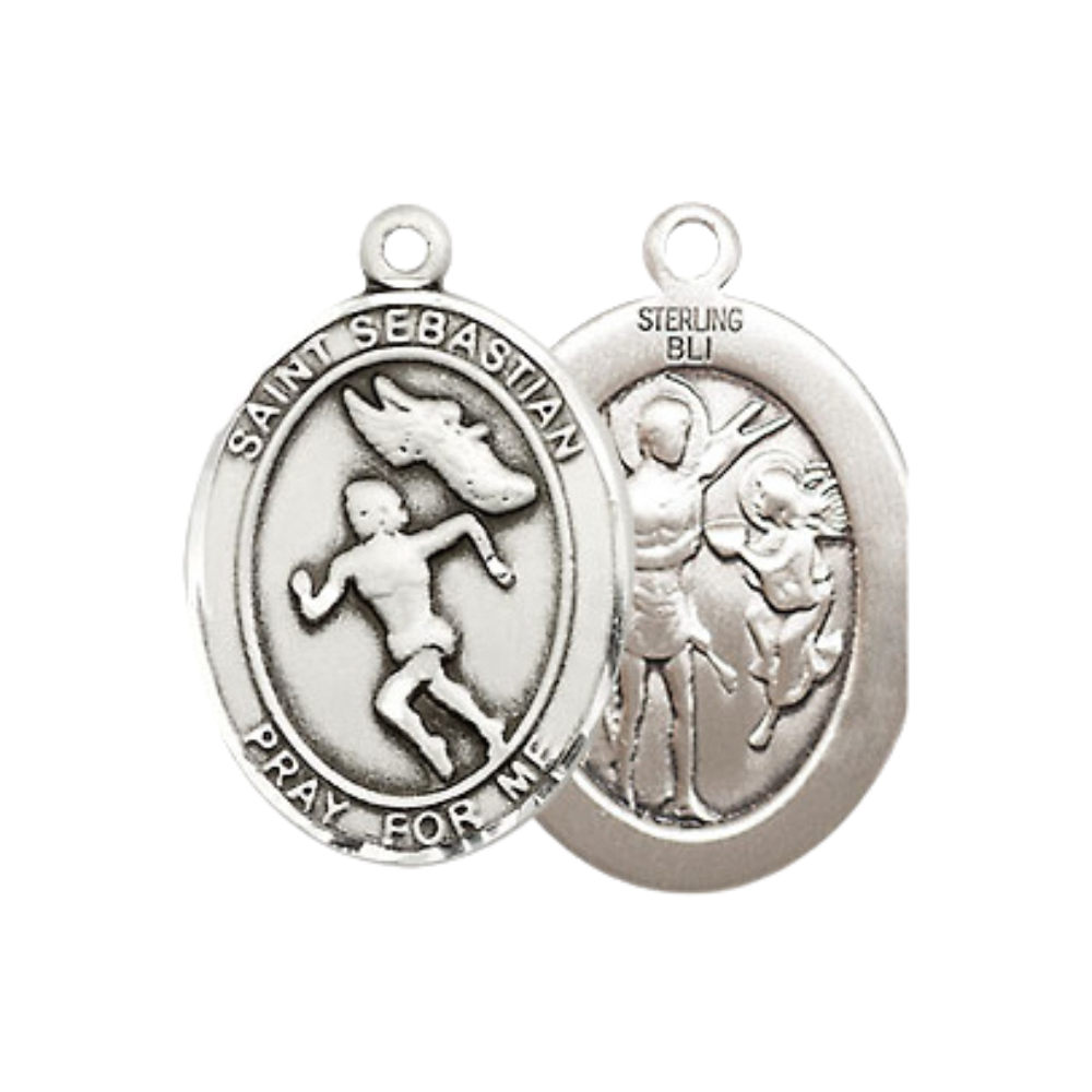 Medium Mens Oval Sterling Silver Saint Sebastian Track & Field Medal Pendant on 24" Rhodium Plated Heavy Curb Brass Chain w/ Lobster Claw Clasp,Catholic Religious Necklace -Made in USA-Gift Boxed