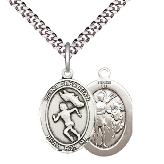 Medium Men's .925 Sterling Silver Saint St. Sebastian Track and Field Medal Pendant on 24 Inch Endless Rhodium Plated Heavy Curb Brass Chain, Catholic Religious Necklace- Made in USA- Deluxe Velvet Gift Box