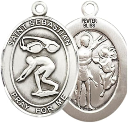Everlasting Light Jewelry Medium Women's Pewter Saint St. Sebastian Swimming Pendant Necklace on 18- inch Rhodium- Plated Lite Curb Brass Chain – 3/4- inch Medal with Lobster Claw Clasp, Catholic Medal – Velvet Gift Box Included