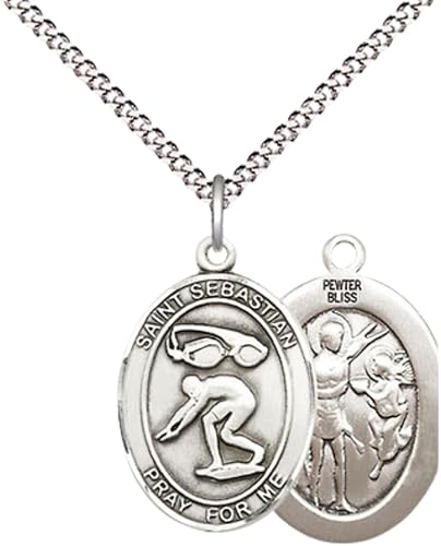 Everlasting Light Jewelry Medium Women's Pewter Saint St. Sebastian Swimming Pendant Necklace on 18- inch Rhodium- Plated Lite Curb Brass Chain – 3/4- inch Medal with Lobster Claw Clasp, Catholic Medal – Velvet Gift Box Included