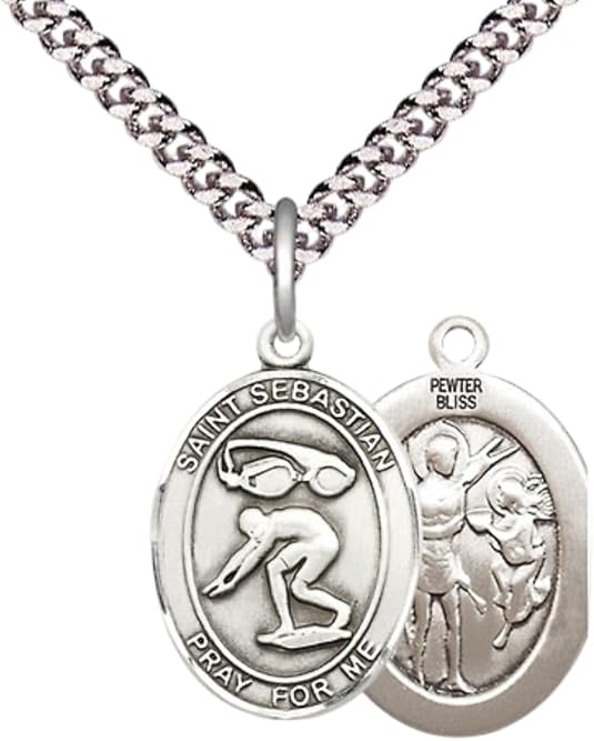 Medium Men's Pewter Saint St. Sebastian Swimming Medal Pendant on 24 Inch Endless Rhodium Plated Heavy Curb Brass Chain, Catholic Religious Necklace - Made in USA- Deluxe Velvet Gift Box