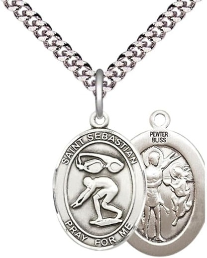 Medium Men's Pewter Saint St. Sebastian Swimming Medal Pendant on 24 Inch Endless Rhodium Plated Heavy Curb Brass Chain, Catholic Religious Necklace - Made in USA- Deluxe Velvet Gift Box