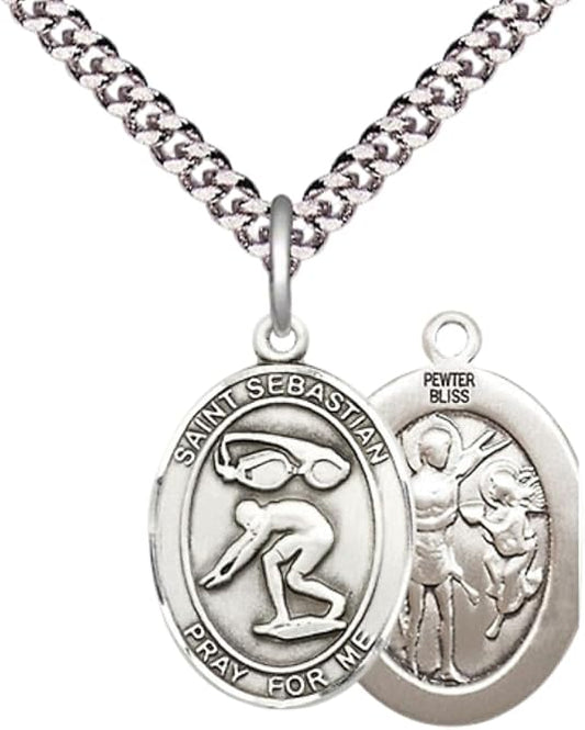 Medium Men's Pewter Saint St. Sebastian Swimming Medal Pendant on 24 Inch Endless Rhodium Plated Heavy Curb Brass Chain, Catholic Religious Necklace - Made in USA- Deluxe Velvet Gift Box