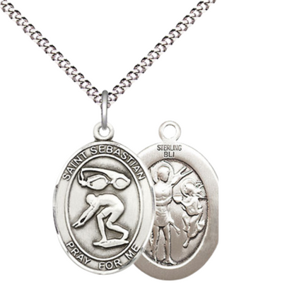 Everlasting Light Jewelry Medium Women's .925 Sterling Silver Saint St. Sebastian Swimming Pendant Necklace on 18- Inch Rhodium- Plated Lite Curb Brass Chain with Velvet Gift Box |, Catholic Medal - Patron Saint. of Athletes & Soldiers