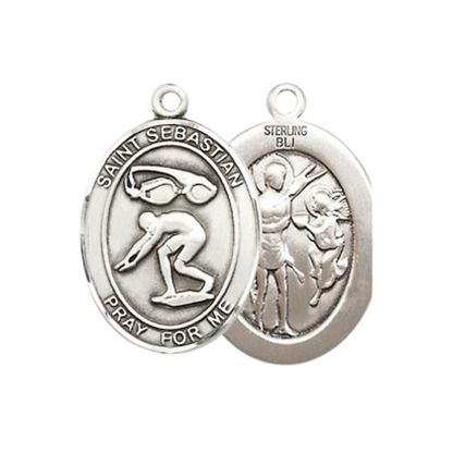 Medium Mens Oval .925 Sterling Silver Saint St. Sebastian Swimming Medal Pendant on 24 Inch Rhodium Plated Heavy Curb Brass Chain w/ Lobster Claw Clasp, Catholic Religious Necklace - Made in USA- Velvet Gift Box