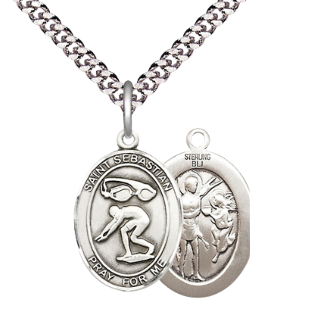 Medium Men's .925 Sterling Silver Saint St. Sebastian Swimming Medal Pendant on 24 Inch Endless Rhodium Plated Heavy Curb Brass Chain, Catholic Religious Necklace - Made in USA- Deluxe Velvet Gift Box
