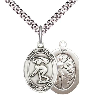 Medium Men's .925 Sterling Silver Saint St. Sebastian Swimming Medal Pendant on 24 Inch Endless Rhodium Plated Heavy Curb Brass Chain, Catholic Religious Necklace - Made in USA- Deluxe Velvet Gift Box