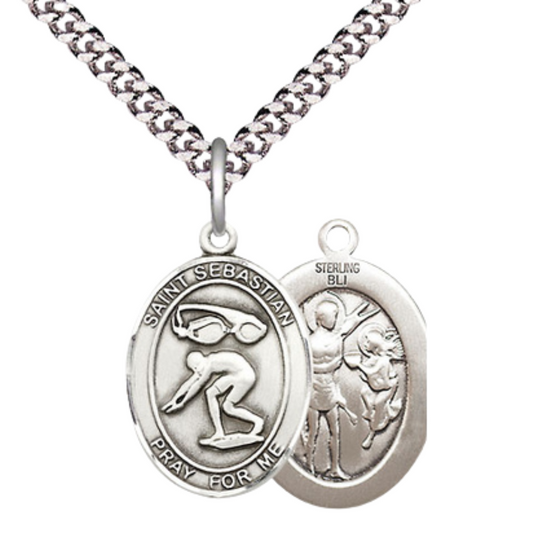 Medium Men's .925 Sterling Silver Saint St. Sebastian Swimming Medal Pendant on 24 Inch Endless Rhodium Plated Heavy Curb Brass Chain, Catholic Religious Necklace - Made in USA- Deluxe Velvet Gift Box