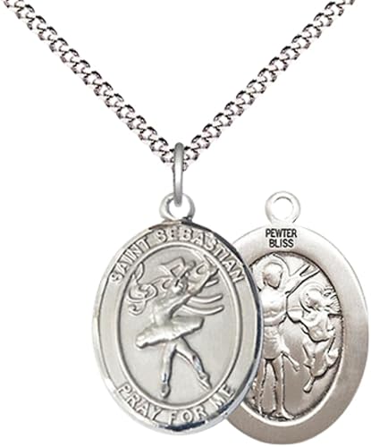 Everlasting Light Jewelry Medium Women's Pewter Saint St. Sebastian Dance Pendant Necklace on 18- inch Rhodium- Plated Lite Curb Brass Chain – 3/4- inch Medal with Lobster Claw Clasp, Catholic Medal – Velvet Gift Box Included