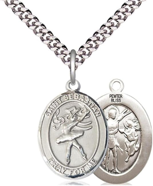 Medium Men's Pewter Saint St. Sebastian Dance Medal Pendant on 24 Inch Endless Rhodium Plated Heavy Curb Brass Chain, Catholic Religious Necklace - Made in USA- Deluxe Velvet Gift Box