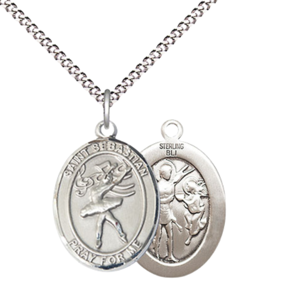 Everlasting Light Jewelry Medium Women's .925 Sterling Silver Saint St. Sebastian Dance Pendant Necklace on 18- Inch Rhodium- Plated Lite Curb Brass Chain with Velvet Gift Box |, Catholic Medal - Patron Saint. of Athletes & Soldiers