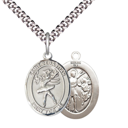 Medium Mens Oval .925 Sterling Silver Saint St. Sebastian Dance Medal Pendant on 24 Inch Rhodium Plated Heavy Curb Brass Chain w/ Lobster Claw Clasp, Catholic Religious Necklace - Made in USA- Velvet Gift Box