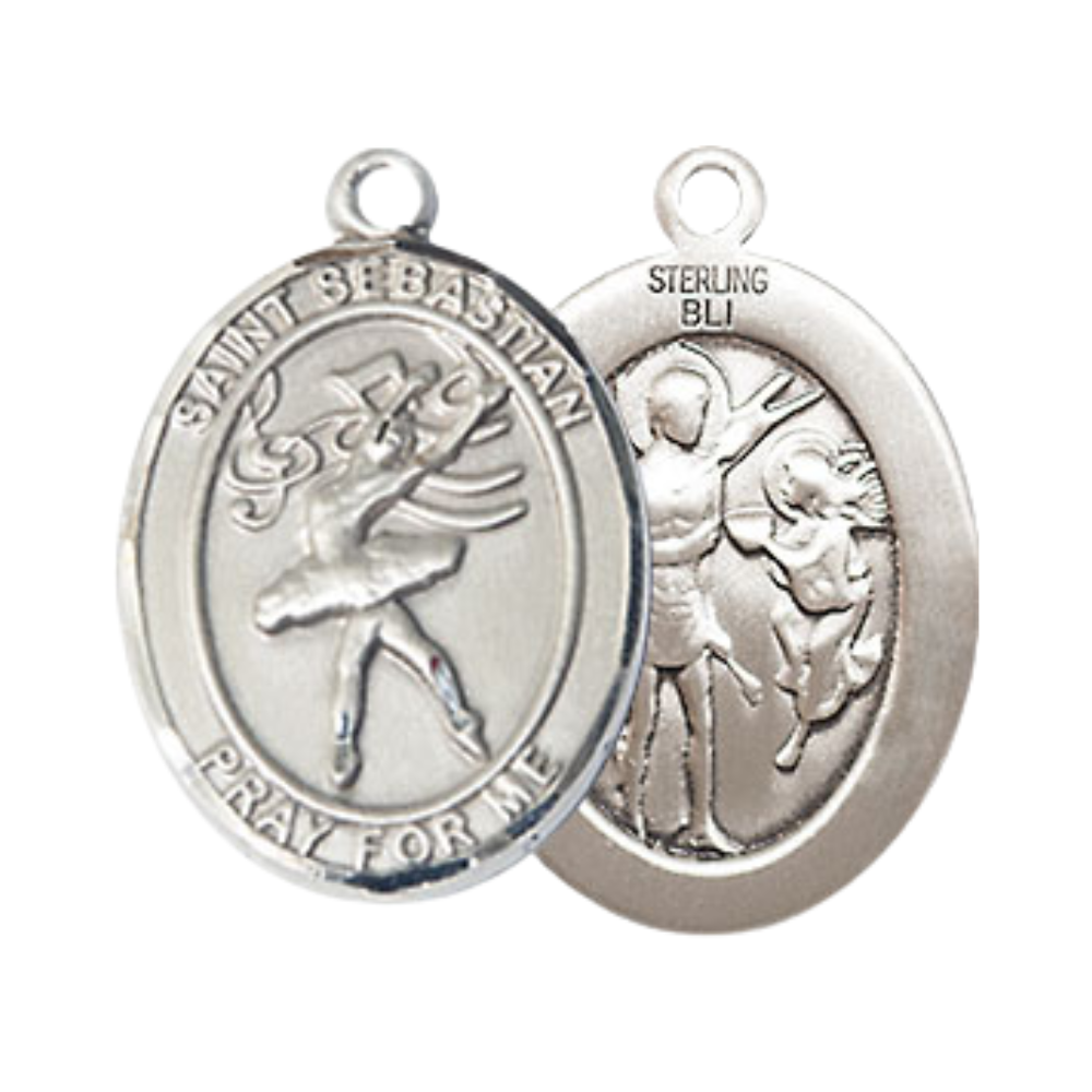 Mens Medium Oval Pewter Saint St. Sebastian Dance Medal Pendant on 24 Inch Rhodium Plated Heavy Curb Brass Chain w/ Lobster Claw Clasp, Catholic Religious Necklace - Made in USA- Velvet Gift Box