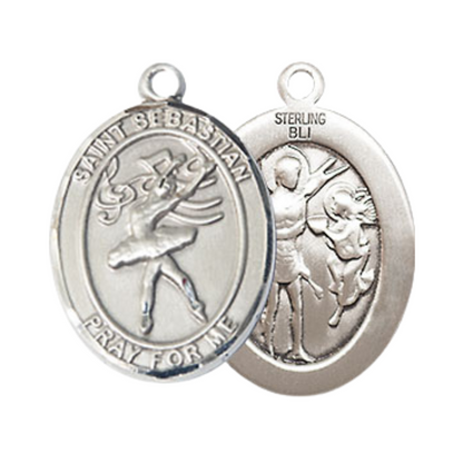 Medium Mens Oval .925 Sterling Silver Saint St. Sebastian Dance Medal Pendant on 24 Inch Rhodium Plated Heavy Curb Brass Chain w/ Lobster Claw Clasp, Catholic Religious Necklace - Made in USA- Velvet Gift Box