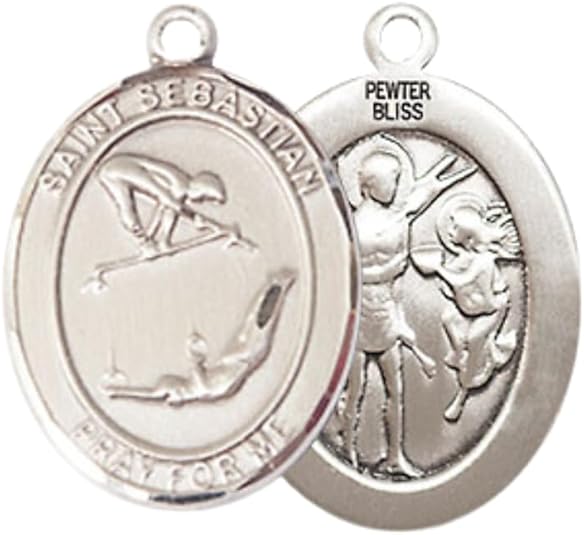 Medium Women's Pewter Saint St. Sebastian Gymnastics Pendant Necklace on 18- inch Rhodium- Plated Lite Curb Brass Chain – 3/4- inch Medal with Lobster Claw Clasp, Catholic Medal – Velvet Gift Box Included