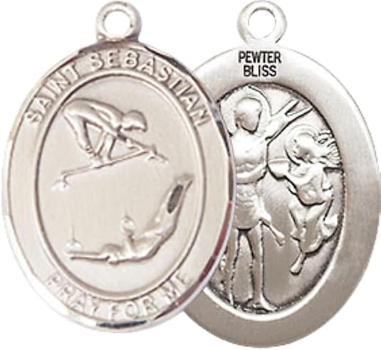 Medium Men's Pewter Saint St. Sebastian Gymnastics Medal Pendant on 24 Inch Endless Rhodium Plated Heavy Curb Brass Chain, Catholic Religious Necklace - Made in USA- Deluxe Velvet Gift Box