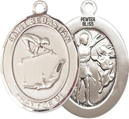 Medium Men's Pewter Saint St. Sebastian Gymnastics Medal Pendant on 24 Inch Endless Rhodium Plated Heavy Curb Brass Chain, Catholic Religious Necklace - Made in USA- Deluxe Velvet Gift Box