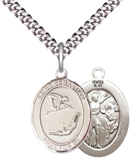 Medium Men's Pewter Saint St. Sebastian Gymnastics Medal Pendant on 24 Inch Endless Rhodium Plated Heavy Curb Brass Chain, Catholic Religious Necklace - Made in USA- Deluxe Velvet Gift Box