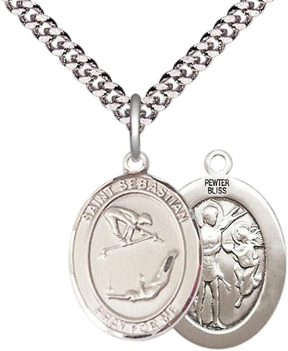 Medium Men's Pewter Saint St. Sebastian Gymnastics Medal Pendant on 24 Inch Endless Rhodium Plated Heavy Curb Brass Chain, Catholic Religious Necklace - Made in USA- Deluxe Velvet Gift Box