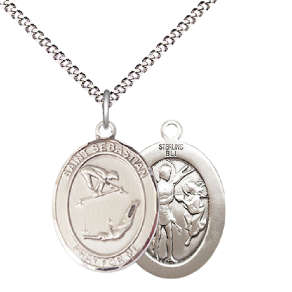 Medium Women's .925 Sterling Silver Saint St. Sebastian Gymnastics Pendant Necklace on 18- Inch Rhodium- Plated Lite Curb Brass Chain with Velvet Gift Box |, Catholic Medal - Patron Saint. of Athletes & Soldiers