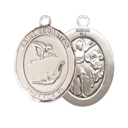 Medium Mens Oval .925 Sterling Silver Saint St. Sebastian Gymnastics Medal Pendant on 24 Inch Rhodium Plated Heavy Curb Brass Chain w/ Lobster Claw Clasp, Catholic Religious Necklace - Made in USA- Gift Boxed