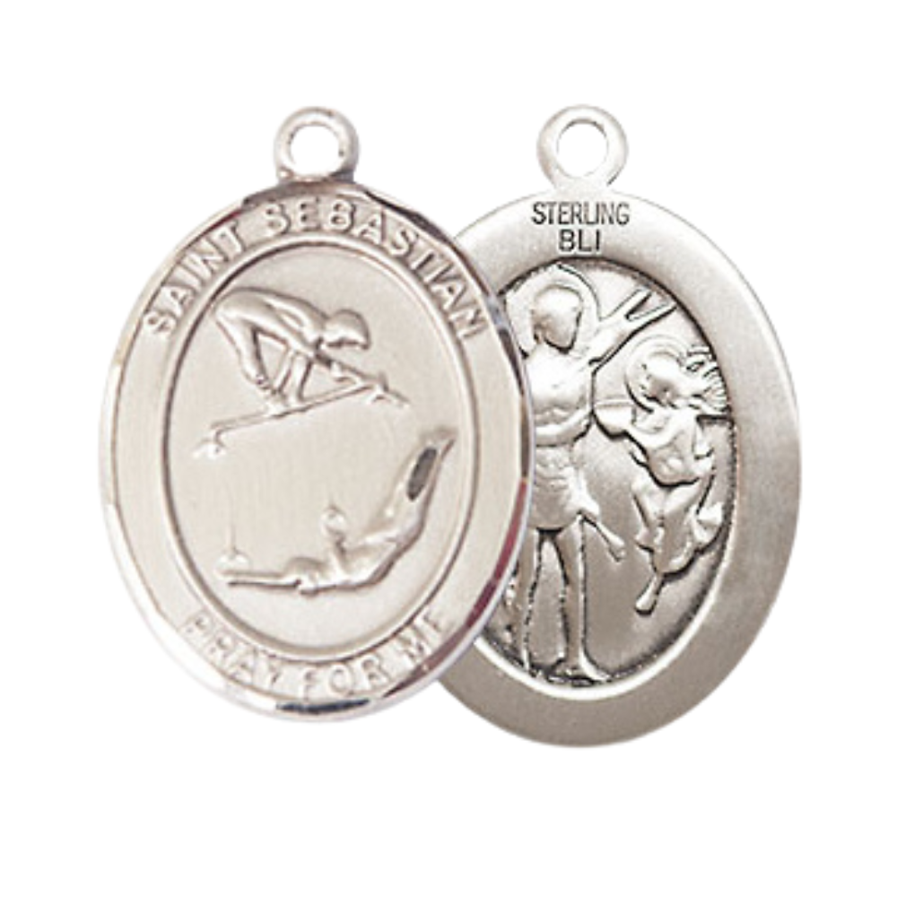 Medium Men's .925 Sterling Silver Saint St.Sebastian Gymnastics Medal Pendant on 24 Inch Endless Rhodium Plated Heavy Curb Brass Chain, Catholic Religious Necklace - Made in USA- Deluxe Velvet Gift Box