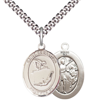 Mens Medium Oval Pewter Saint St. Sebastian Gymnastics Medal Pendant on 24 Inch Rhodium Plated Heavy Curb Brass Chain w/ Lobster Claw Clasp, Catholic Religious Necklace - Made in USA- Velvet Gift Box