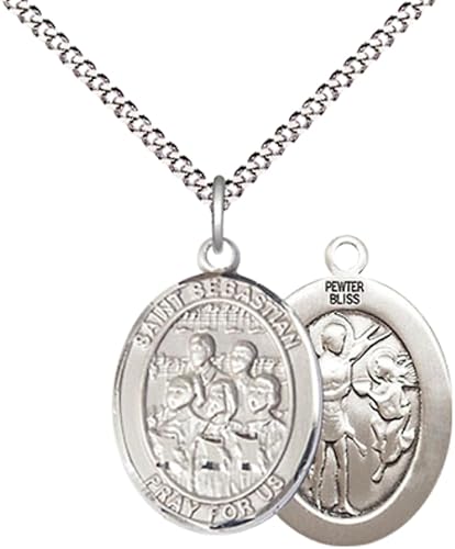 Everlasting Light Jewelry Medium Women's Pewter Saint St. Sebastian Choir Pendant Necklace on 18- inch Rhodium- Plated Lite Curb Brass Chain – 3/4- inch Medal with Lobster Claw Clasp, Catholic Medal – Velvet Gift Box Included