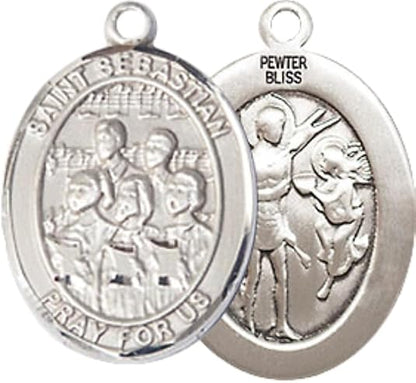 Medium Men's Pewter Saint St. Sebastian Choir Medal Pendant on 24 Inch Endless Rhodium Plated Heavy Curb Brass Chain, Catholic Religious Necklace - Made in USA- Deluxe Velvet Gift Box