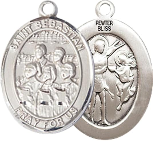 Medium Men's Pewter Saint St. Sebastian Choir Medal Pendant on 24 Inch Endless Rhodium Plated Heavy Curb Brass Chain, Catholic Religious Necklace - Made in USA- Deluxe Velvet Gift Box