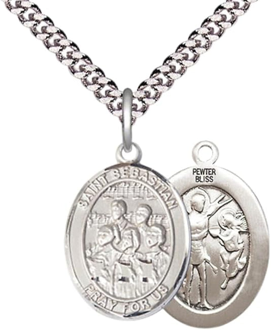 Medium Men's Pewter Saint St. Sebastian Choir Medal Pendant on 24 Inch Endless Rhodium Plated Heavy Curb Brass Chain, Catholic Religious Necklace - Made in USA- Deluxe Velvet Gift Box