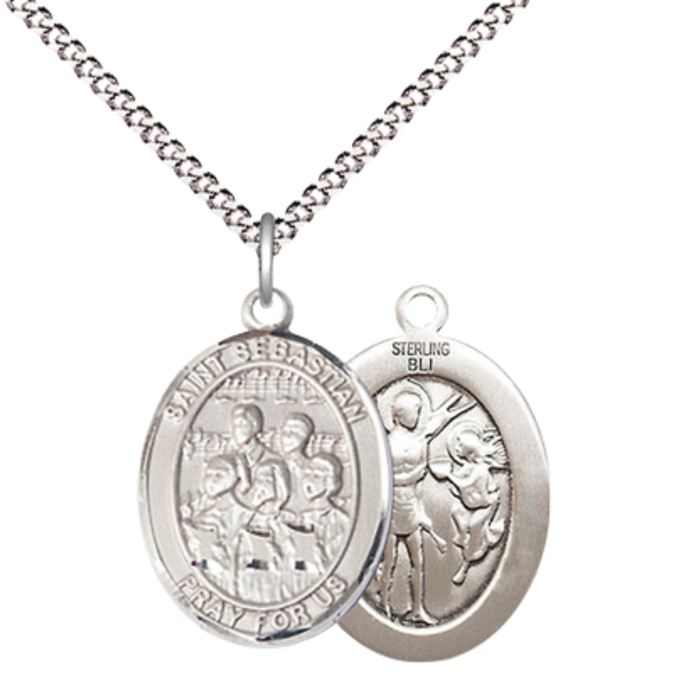 Everlasting Light Jewelry Medium Women's .925 Sterling Silver Saint St. Sebastian Choir Pendant Necklace on 18- inch Rhodium- Plated Lite Curb Brass Chain, Catholic Medal – Velvet Gift Box Included