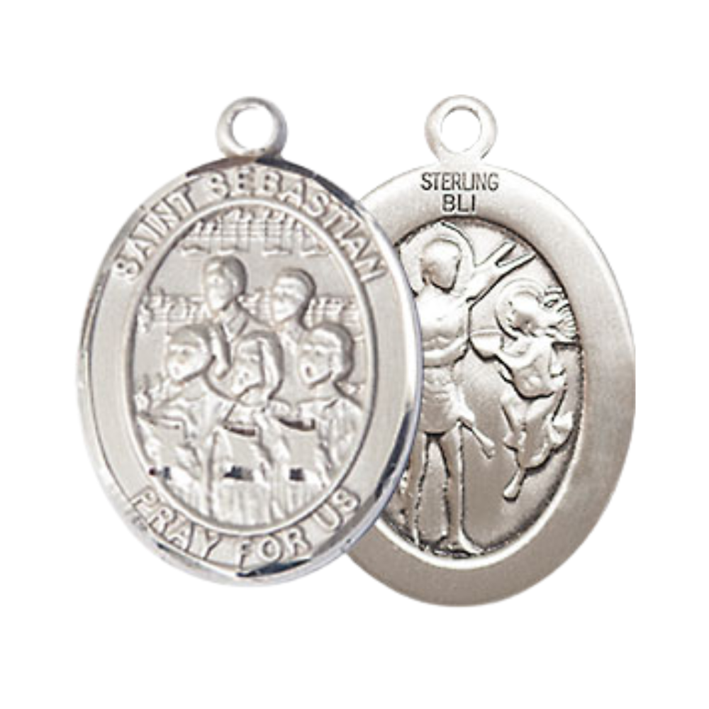 Mens Medium Oval Pewter Saint St. Sebastian Choir Medal Pendant on 24 Inch Rhodium Plated Heavy Curb Brass Chain w/ Lobster Claw Clasp, Catholic Religious Necklace - Made in USA- Velvet Gift Box