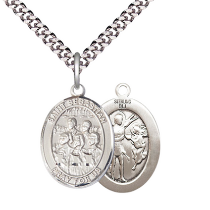 Medium Mens Oval .925 Sterling Silver Saint St. Sebastian Choir Medal Pendant on 24 Inch Rhodium Plated Heavy Curb Brass Chain w/ Lobster Claw Clasp, Catholic Religious Necklace - Made in USA- Velvet Gift Box