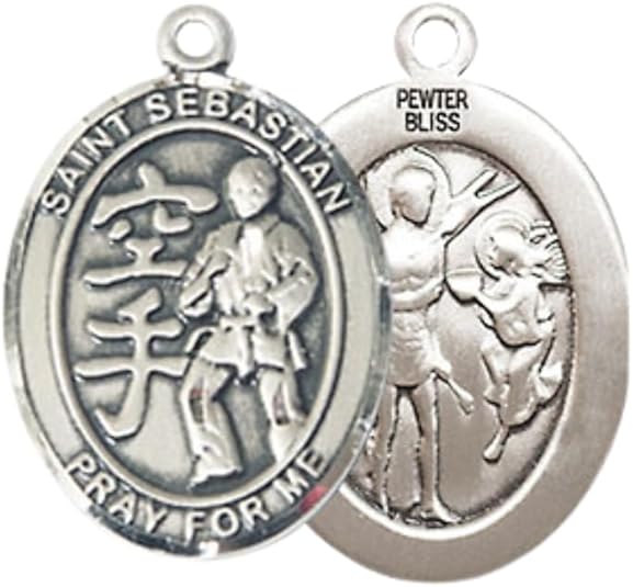 Everlasting Light Jewelry Medium Women's Pewter Saint St. Sebastian Karate Pendant Necklace on 18- inch Rhodium- Plated Lite Curb Brass Chain – 3/4- inch Medal with Lobster Claw Clasp, Catholic Medal – Velvet Gift Box Included