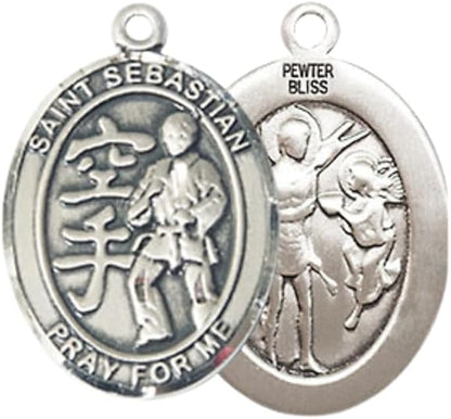 Everlasting Light Jewelry Medium Women's Pewter Saint St. Sebastian Karate Pendant Necklace on 18- inch Rhodium- Plated Lite Curb Brass Chain – 3/4- inch Medal with Lobster Claw Clasp, Catholic Medal – Velvet Gift Box Included