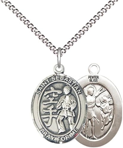 Everlasting Light Jewelry Medium Women's Pewter Saint St. Sebastian Karate Pendant Necklace on 18- inch Rhodium- Plated Lite Curb Brass Chain – 3/4- inch Medal with Lobster Claw Clasp, Catholic Medal – Velvet Gift Box Included