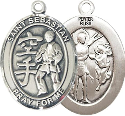 Medium Men's Pewter Saint St. Sebastian Karate Medal Pendant on 24 Inch Endless Rhodium Plated Heavy Curb Brass Chain, Catholic Religious Necklace - Made in USA- Deluxe Velvet Gift Box