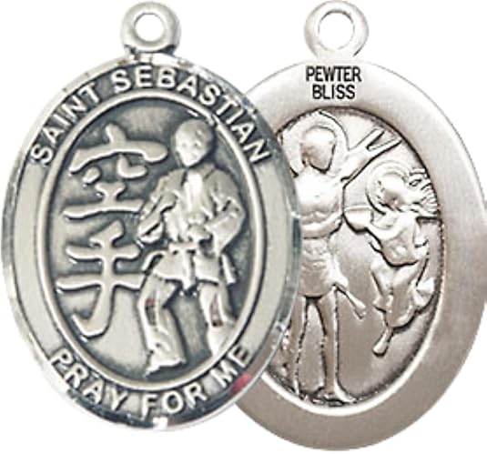 Medium Men's Pewter Saint St. Sebastian Karate Medal Pendant on 24 Inch Endless Rhodium Plated Heavy Curb Brass Chain, Catholic Religious Necklace - Made in USA- Deluxe Velvet Gift Box