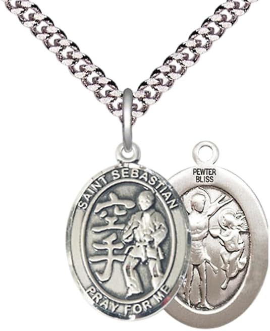 Medium Men's Pewter Saint St. Sebastian Karate Medal Pendant on 24 Inch Endless Rhodium Plated Heavy Curb Brass Chain, Catholic Religious Necklace - Made in USA- Deluxe Velvet Gift Box