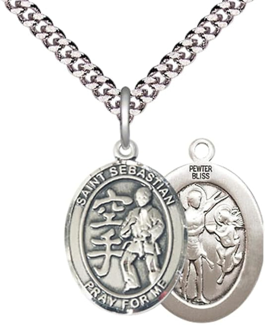 Medium Men's Pewter Saint St. Sebastian Karate Medal Pendant on 24 Inch Endless Rhodium Plated Heavy Curb Brass Chain, Catholic Religious Necklace - Made in USA- Deluxe Velvet Gift Box