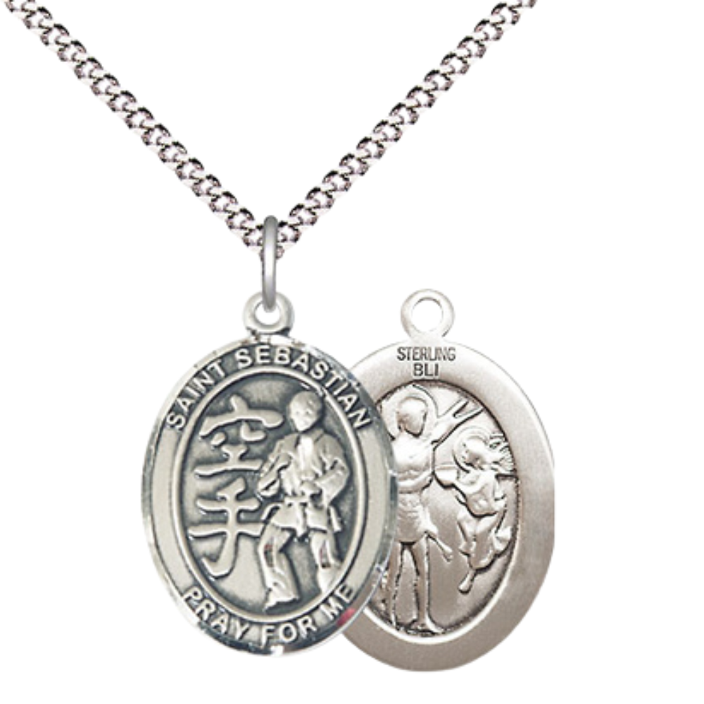 Everlasting Light Jewelry Medium Women's .925 Sterling Silver Saint St. Sebastian Karate Pendant Necklace on 18- inch Rhodium- Plated Lite Curb Brass Chain, Catholic Medal – Velvet Gift Box Included