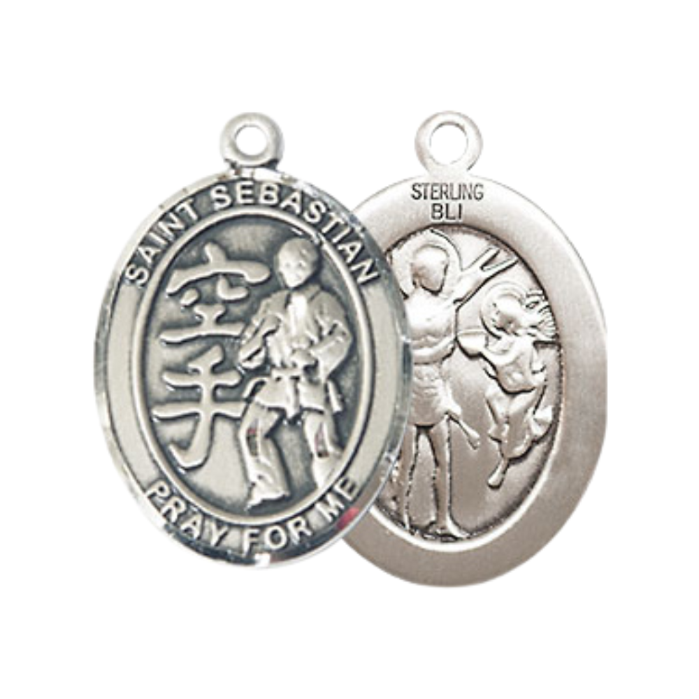 Mens Medium Oval Pewter Saint Sebastian Karate Medal Pendant on 24" Rhodium Plated Heavy Curb Brass Chain w/ Lobster Claw Clasp, Catholic Religious Necklace -Made in USA-Velvet Gift Box