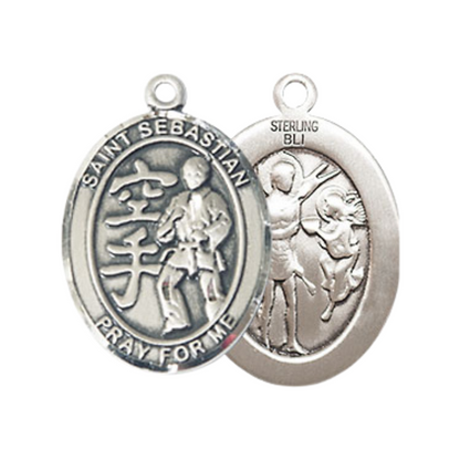 Mens Medium Oval Pewter Saint Sebastian Karate Medal Pendant on 24" Rhodium Plated Heavy Curb Brass Chain w/ Lobster Claw Clasp, Catholic Religious Necklace -Made in USA-Velvet Gift Box
