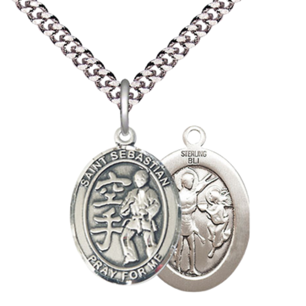 Medium Mens Oval .925 Sterling Silver Saint St. Sebastian Karate Medal Pendant on 24 Inch Rhodium Plated Heavy Curb Brass Chain w/ Lobster Claw Clasp, Catholic Religious Necklace - Made in USA- Velvet Gift Box