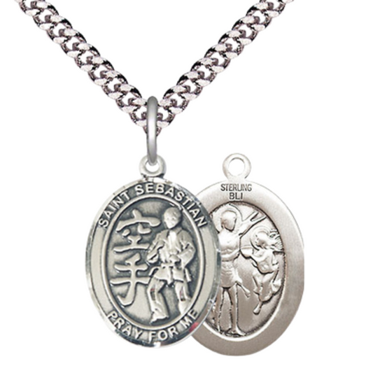 Medium Mens Oval .925 Sterling Silver Saint St. Sebastian Karate Medal Pendant on 24 Inch Rhodium Plated Heavy Curb Brass Chain w/ Lobster Claw Clasp, Catholic Religious Necklace - Made in USA- Velvet Gift Box