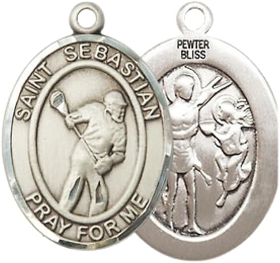 Everlasting Light Jewelry Medium Women's Pewter Saint St. Sebastian Lacrosse Pendant Necklace on 18- inch Rhodium- Plated Lite Curb Brass Chain – 3/4- inch Medal with Lobster Claw Clasp, Catholic Medal – Velvet Gift Box Included