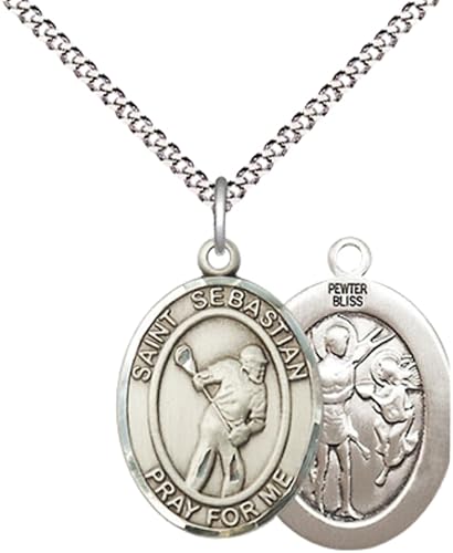 Everlasting Light Jewelry Medium Women's Pewter Saint St. Sebastian Lacrosse Pendant Necklace on 18- inch Rhodium- Plated Lite Curb Brass Chain – 3/4- inch Medal with Lobster Claw Clasp, Catholic Medal – Velvet Gift Box Included